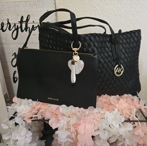 Anne Klein Black Woven Tote with Gold Accent